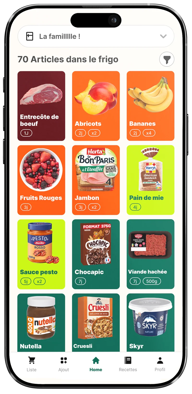 L'écran d'accueil de Friio : les articles du frigo triés par urgence de péremption